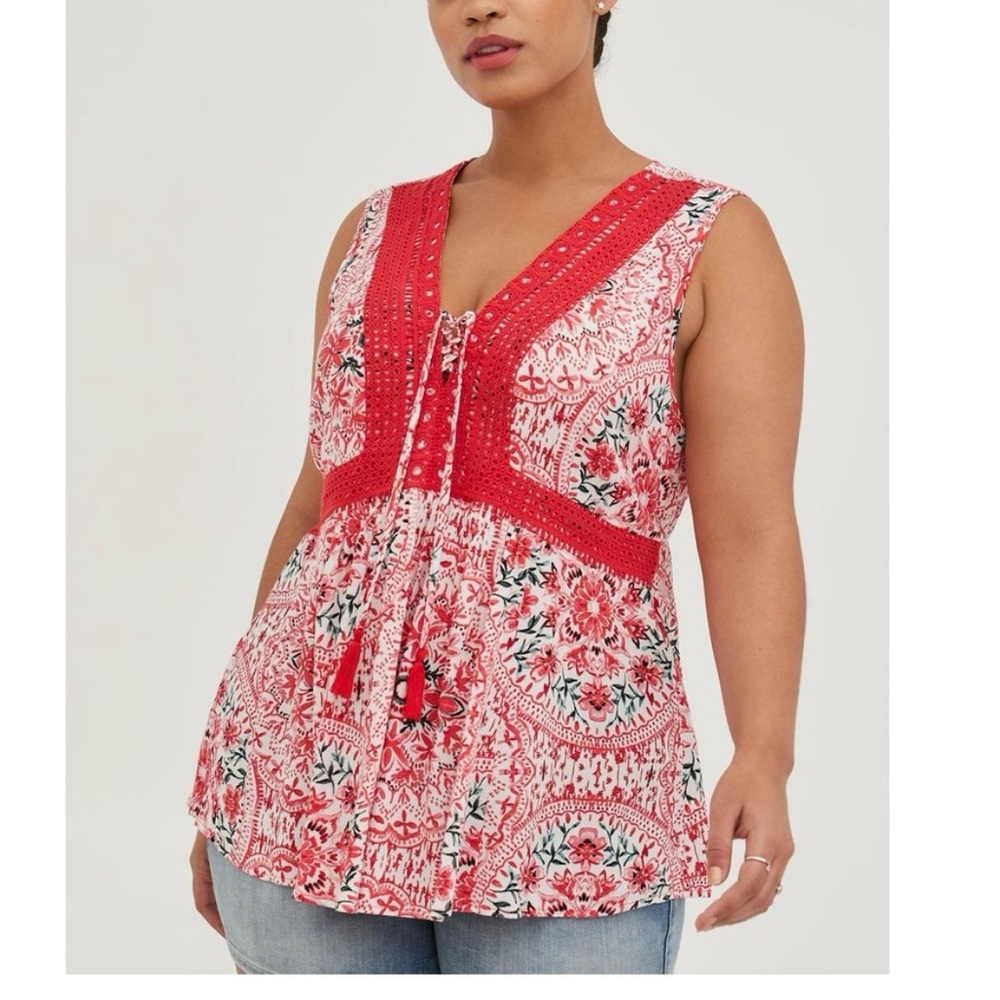 Torrid Red Floral Babydoll Sleeveless‎ Gauze Crochet Lace Up Tassels Top Size 3X